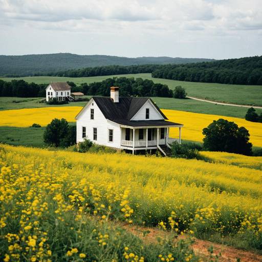 White farmhouse in mustard fields on Cumberland Plateau