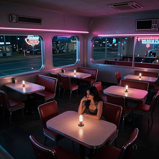 Photograph of a dimly-lit, neon-lit diner at night, featuring a solitary woman with dark hair and a black top, sitting at