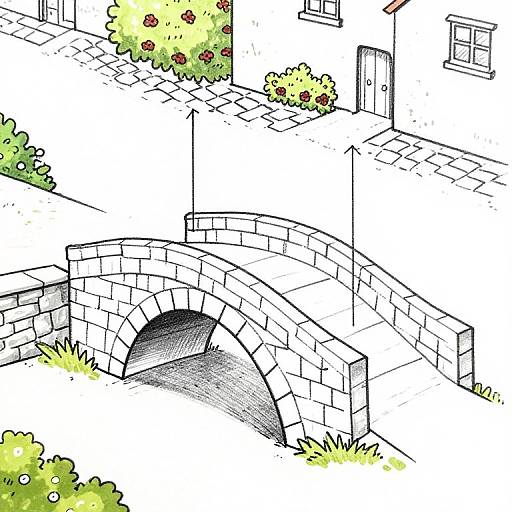 Colorful digital drawing of a stone arch bridge over a narrow alleyway, bordered by blooming bushes and stone buildings.