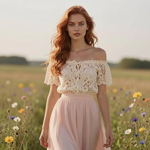 Photograph of a red-haired woman in an off-shoulder lace top and pink skirt standing in a sunlit field of wildflowers.