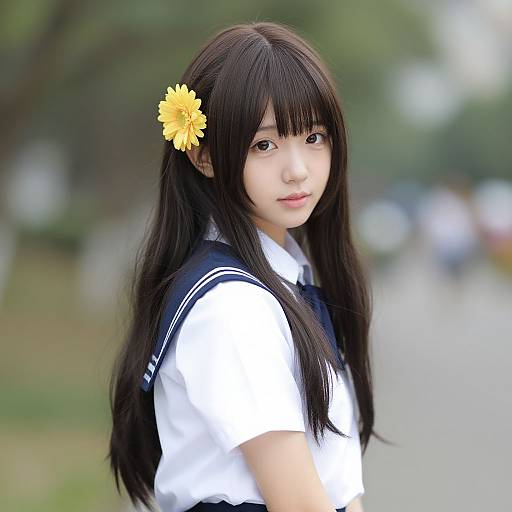 Photograph of an Asian teenage girl with long black hair, wearing a white school uniform with a navy sailor collar, adorned with a yellow flower, standing