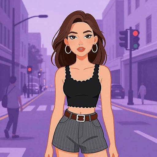 Digital illustration of a confident woman with brown hair, wearing a black lace crop top and pinstripe shorts, standing on a purple-hued city street