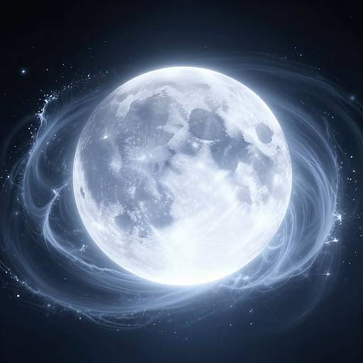 Digital artwork of a luminous, glowing full moon surrounded by swirling, ethereal white clouds against a dark, star-speckled night sky.
