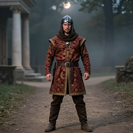 Photograph of a bearded man in medieval armor, standing on a misty dirt path, wearing a red, ornate tunic and steel helmet