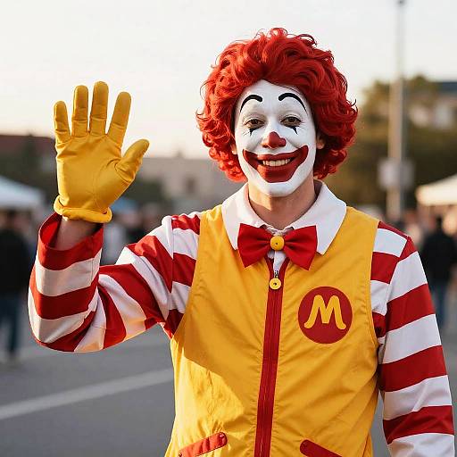 Photograph of a smiling clown with red curly hair, white face paint, red nose, yellow gloves, red and white striped shirt, yellow vest,