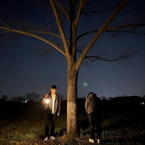 Two People at Night Under Leafless Tree with Lantern