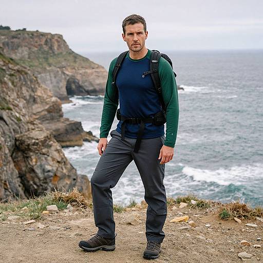 Photograph of a bearded man with short brown hair, wearing a green long-sleeve shirt, navy pants, and hiking boots, standing on