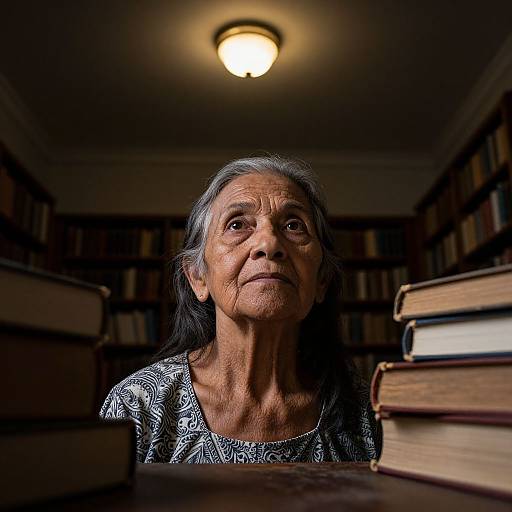 Photograph of an elderly woman with gray hair, wearing a patterned blouse, sitting in a dimly lit library, surrounded by stacked books, looking