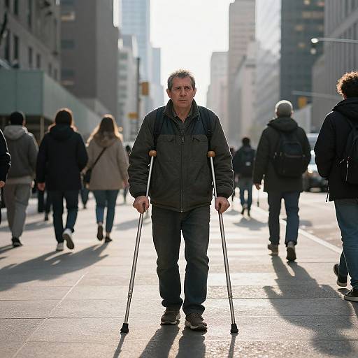 Photograph of a middle-aged man with short gray hair, wearing a dark jacket and pants, using crutches, walking on a sunlit urban street