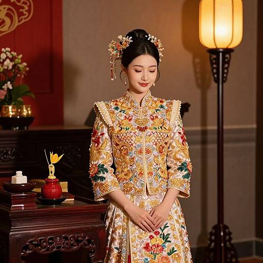 Photograph of an Asian woman in an ornate, floral-patterned traditional Chinese dress, standing in a warmly lit room with wooden furniture and a lantern