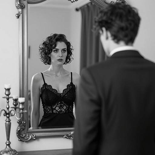 Woman Reflected in Mirror with Man in Suit