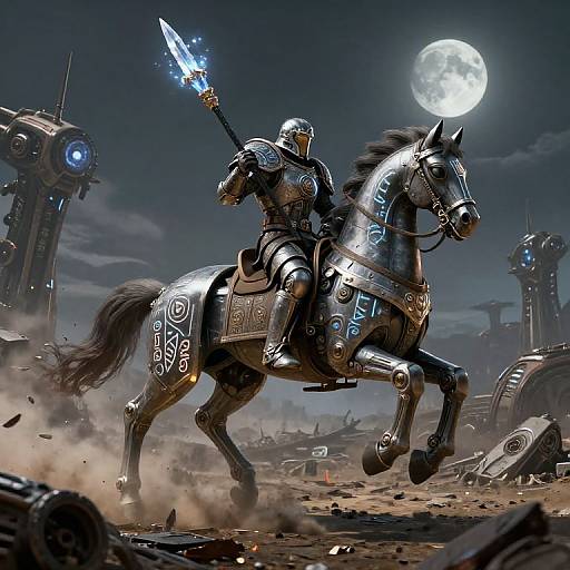 Digital artwork: Knight in silver armor with glowing blue sword rides a cybernetic horse under a full moon, amidst a ruined, tech-filled landscape with