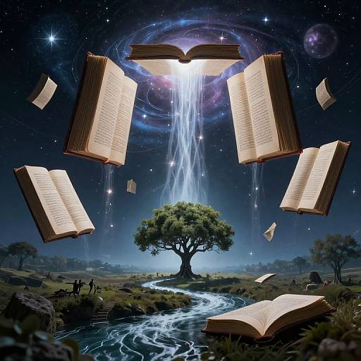 Digital artwork: Open books float, illuminated by a glowing, book-centered waterfall, above a lone tree by a glowing river, under a starry night
