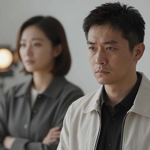 Serious Asian Man with Woman in Background