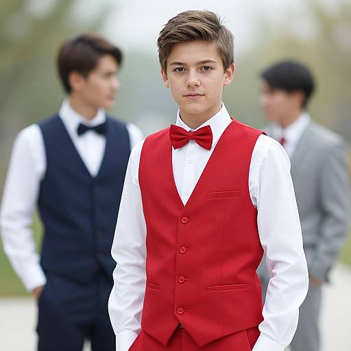 Photograph of a young boy in a red vest and bow tie, standing in front of two blurred male servers in black and grey suits.