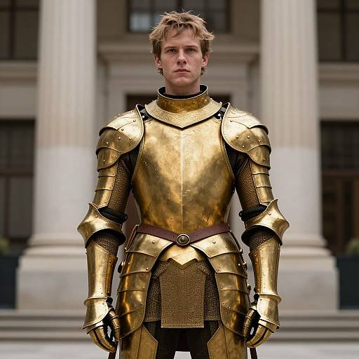 Photograph of a serious, blonde man in shiny, golden medieval armor standing in front of grand, classical columns. Realistic, detailed.