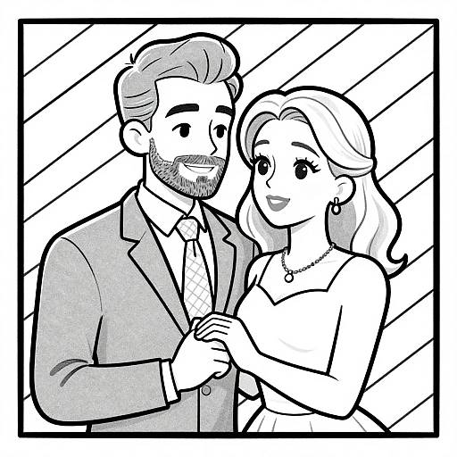 Black-and-white cartoon drawing of a bearded man in a suit and a woman in a dress dancing closely, holding hands.
