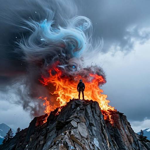 Photograph-style digital art: Silhouetted figure stands on rocky peak as fiery explosion erupts behind, with swirling blue and black smoke.