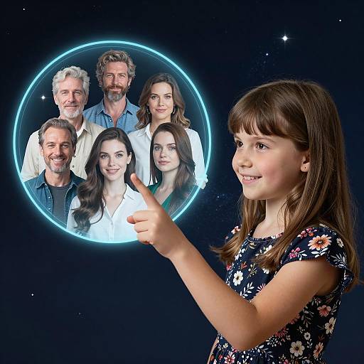 Girl Pointing at Hologram of Adults