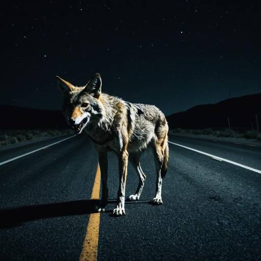 Nighttime Coyote on Deserted Highway