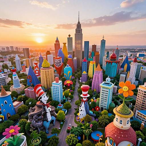 Vibrant cartoon cityscape at sunset, featuring whimsical, colorful buildings with Dr. Seuss-like characters, including red-striped hats and oversized flowers