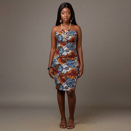 Photograph of a Black woman with long black hair, wearing a strapless, colorful floral dress, gold necklace, and brown sandals, standing against a