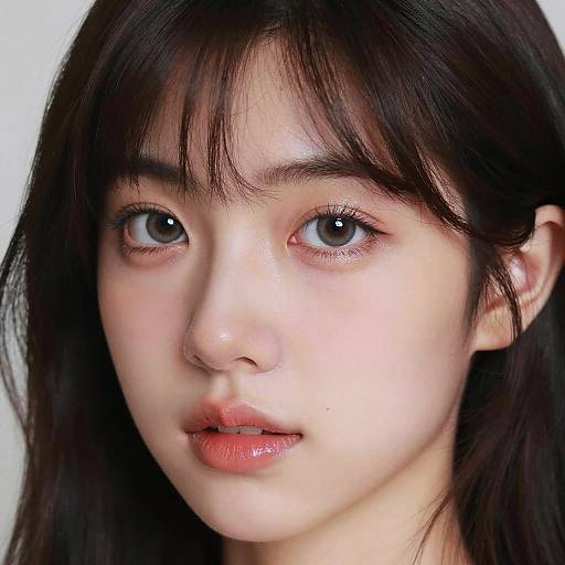 Close-up photograph of an Asian woman with fair skin, dark brown eyes, and straight black hair, slightly parted, and natural makeup.