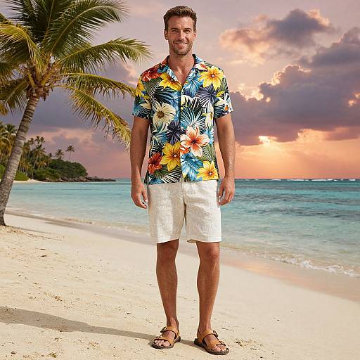 Photograph of a smiling man in a vibrant floral shirt and white shorts standing on a tropical beach at sunset, with palm trees and a colorful sky in