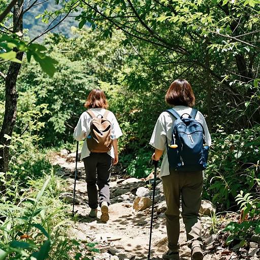 Photograph of two hikers with backpacks walking a sunlit, rocky forest trail, surrounded by dense green foliage, seen from behind.