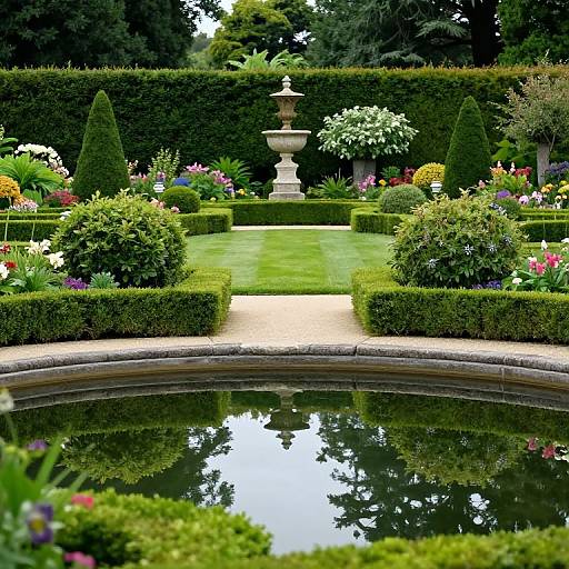 Photograph of a formal garden with a circular pond in the foreground, manicured hedges, colorful flowers, and a central fountain. Reflections of