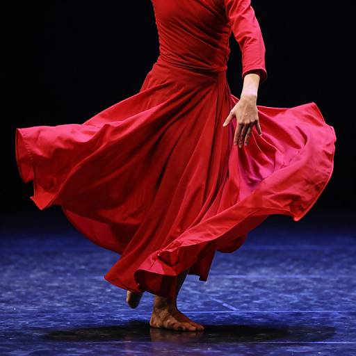 Photograph of a dancer in a flowing, vibrant red dress, barefoot, mid-motion, against a dark blue stage background.
