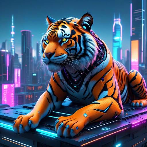 Cybernetic Tiger on Futuristic Rooftop Scene