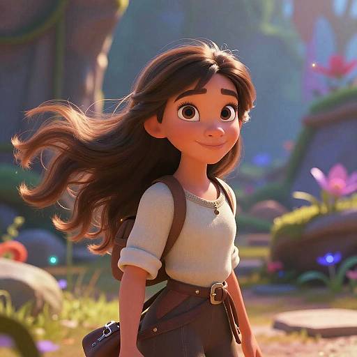 Digital CGI image of a smiling young girl with long brown hair, wearing a white shirt and brown skirt, carrying a bag, in a sunlit,