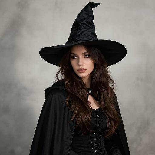 Photograph of a pale-skinned woman with long, dark brown hair, wearing a black witch hat and cloak, against a gray, textured background.