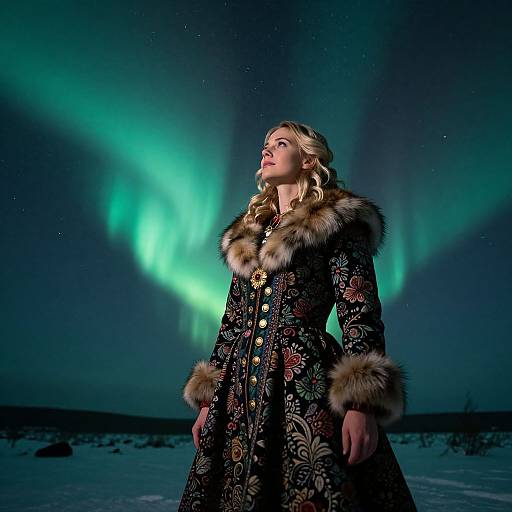Woman in Icelandic Coat Beneath Aurora