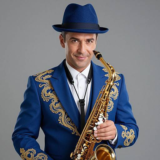 Confident Man with Saxophone and Embroidered Suit