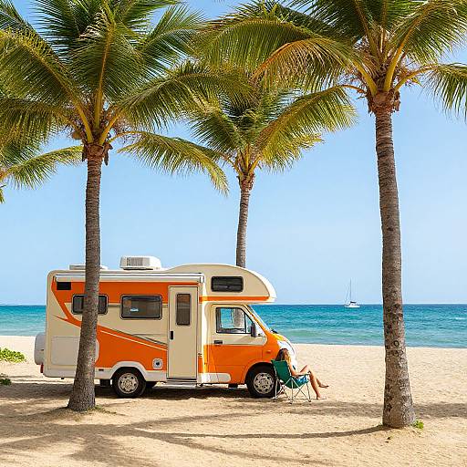 Photograph of an orange and white RV parked on a sandy beach with palm trees, blue ocean, and clear sky. A person sits in a green