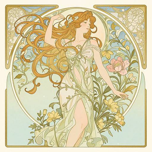 Art Nouveau-style digital drawing of a fair-skinned woman with flowing orange hair, wearing a translucent, floral-patterned dress, surrounded by vibrant flowers