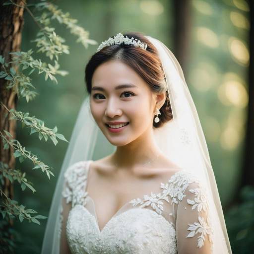 Smiling Asian Bride in Lace Wedding Dress