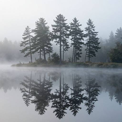 Photograph of misty forest reflection in calm water, tall pine trees, dense fog, serene morning scene, mirror-like water surface.