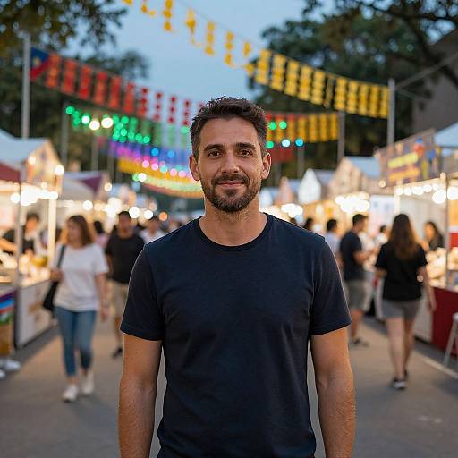 Photograph of a bearded man in a black t-shirt standing at a colorful, illuminated evening market with festive banners and blurred shoppers in the background.