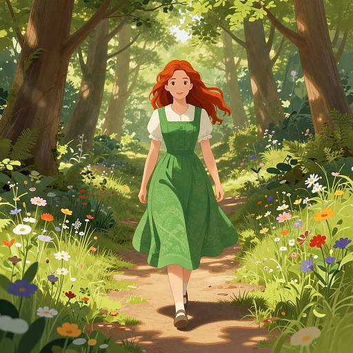 Digital illustration of a red-haired woman in a green dress walking through a sunlit, colorful forest path with vibrant flowers.