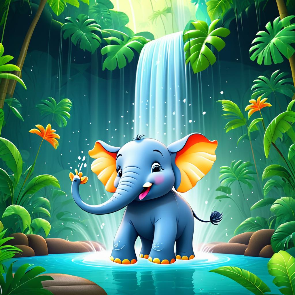 Joyful Elephant Splashing in Waterfall