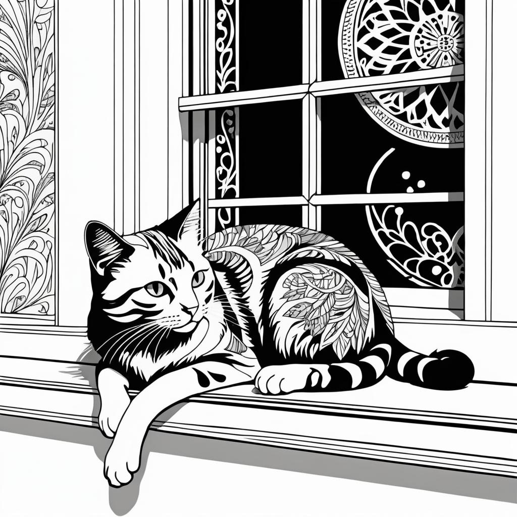 Vibrant Cat Illustration on Window Sill