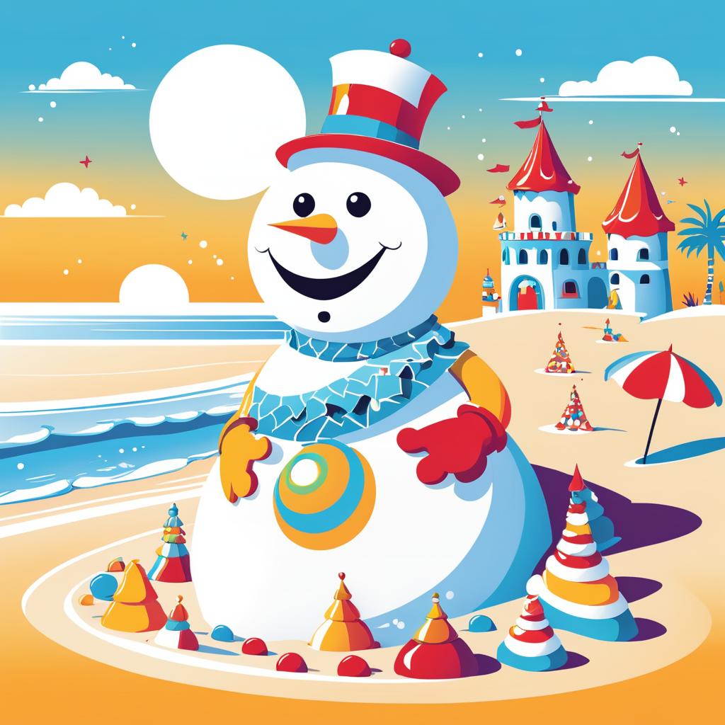 Colorful Snowman Building a Sandcastle