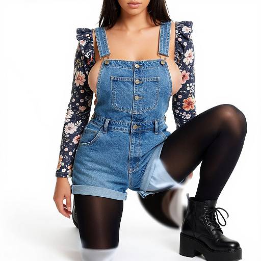 Photograph of a woman with long black hair, wearing denim overalls, floral sleeves, black tights, and black combat boots, kneeling with one