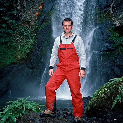 Photograph of a serious man with short dark hair, wearing red overalls and white shirt, standing in front of a cascading waterfall, surrounded by