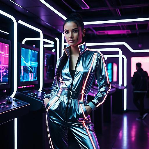 Cyberpunk Woman in Silver Neon Jumpsuit