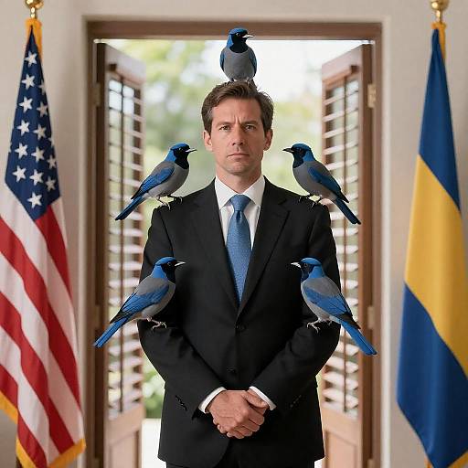 Man with Blue Birds Standing Between Flags