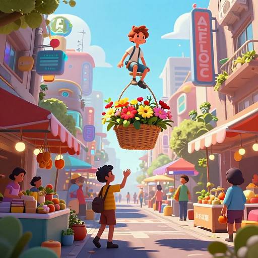 Whimsical Cyberpunk Floating Marketplace